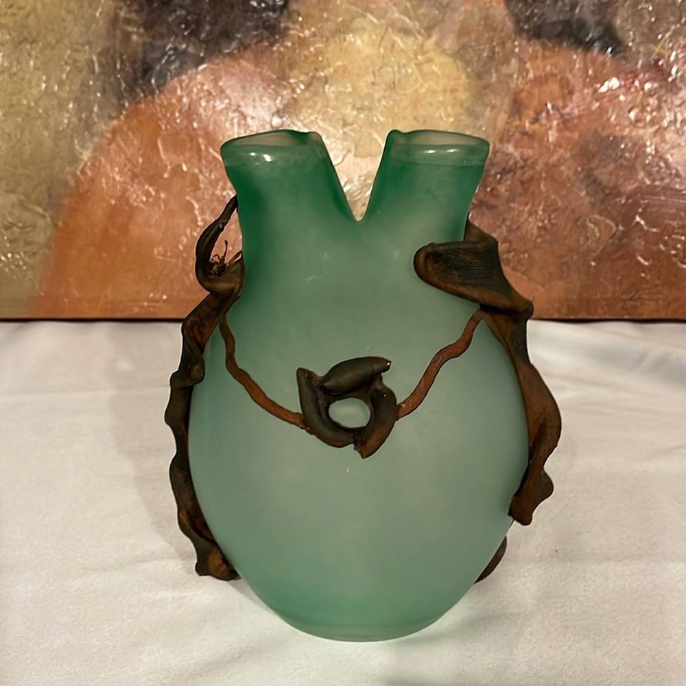 Vintage Handmade  Art Glass Vase Prominent Rustic Metal Coated Green